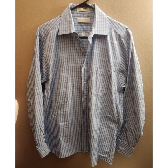 Michael Kors Button Up Dress Shirt Size 16 34/35 Large Blue Check Men's - Picture 1 of 4